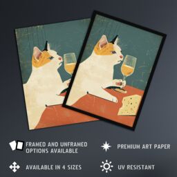 "Artery8 Wall Art Print Cat Drinking Glass of Wine with Cheese Painting Poster in Orange - Size: W24"" x H32""" - thumbnail 2