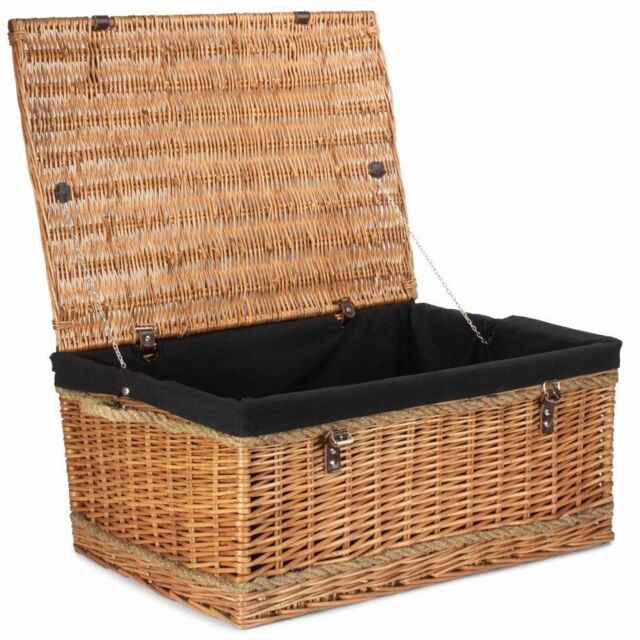 Red Hamper 72cm Double Steamed Rope Handled Wicker Trunk Black Cotton Lining - image 1