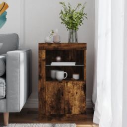 Berkfield Home Side Cabinet with LED Lights Smoked Oak Engineered Wood in Brown - thumbnail 4