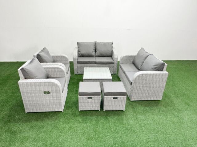 Fimous 8 Seater Outdoor Reclining Chair Love Sofa Set Rattan Garden Furniture Set with Square Coffee Table 2 Stools Light Grey - image 1