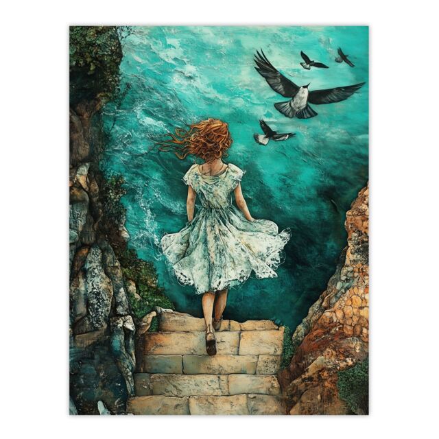 "Artery8 Surreal Dream Dive Stone Steps Sea Birds Wall Art Print in Blue - Size: W12"" x H16""" - image 1