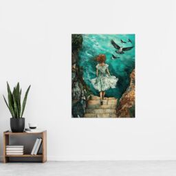 "Artery8 Surreal Dream Dive Stone Steps Sea Birds Wall Art Print in Blue - Size: W12"" x H16""" - thumbnail 4