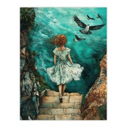 "Artery8 Surreal Dream Dive Stone Steps Sea Birds Wall Art Print in Blue - Size: W12"" x H16""" - thumbnail 1