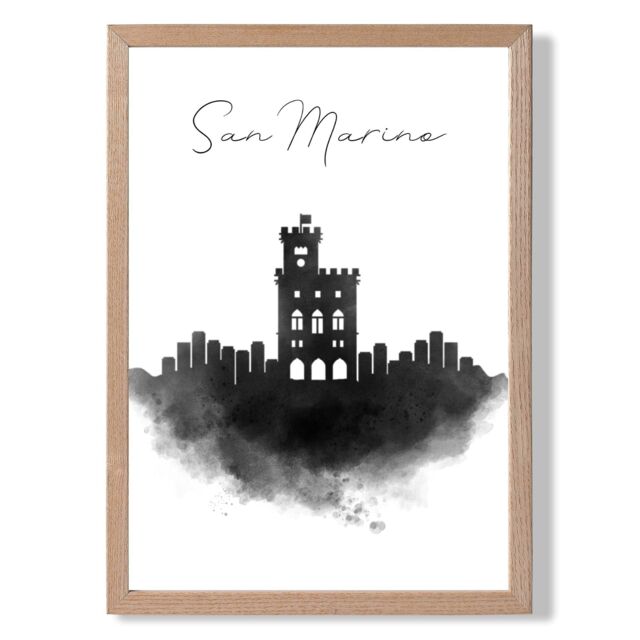 ARTZE San Marino Watercolour Skyline City Framed Print SIZE: A3 with Oak Frame in Black - Size: A4 - image 1