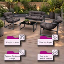 Neo 4 Piece Outdoor Metal Patio Furniture Set with Cushions Glass Table in Grey - thumbnail 4