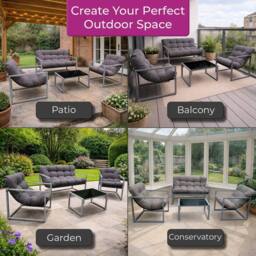 Neo 4 Piece Outdoor Metal Patio Furniture Set with Cushions Glass Table in Grey - thumbnail 5