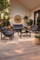 Neo 4 Piece Outdoor Metal Patio Furniture Set with Cushions Glass Table in Grey