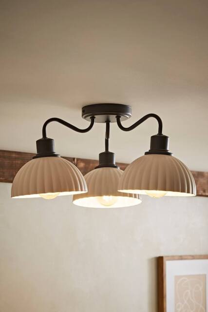 ValueLights Bourton Cream Ribbed Dome 3 Arm Ceiling Pendant Light with Bulbs in Black - image 1