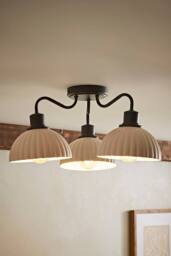 ValueLights Bourton Cream Ribbed Dome 3 Arm Ceiling Pendant Light with Bulbs in Black