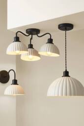 ValueLights Bourton Cream Ribbed Dome 3 Arm Ceiling Pendant Light with Bulbs in Black - thumbnail 6
