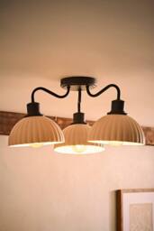 ValueLights Bourton Cream Ribbed Dome 3 Arm Ceiling Pendant Light with Bulbs in Black - thumbnail 2