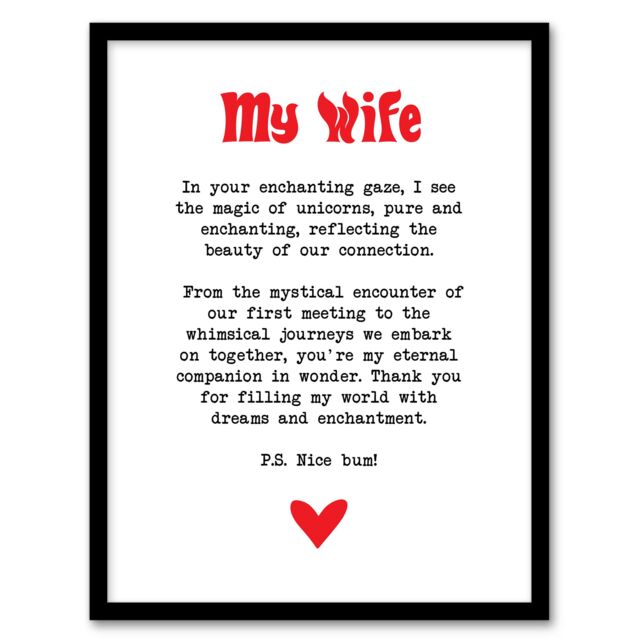 Artery8 Love Poem Unicorn Magic Wife Romantic Poetry Fun Framed Art Print in White - Size: A4 - image 1