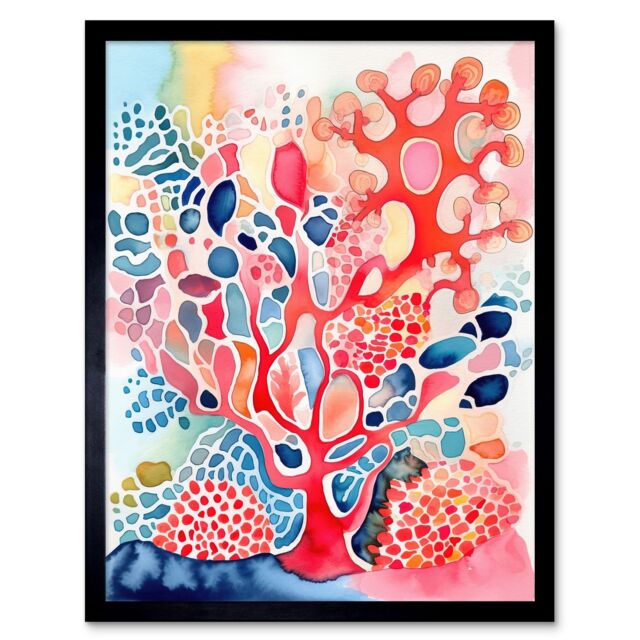 "Artery8 Wall Art Print Pink & Blue Coral Folk Art Watercolour Painting Art Framed in Black - Size: W12"" x H16""" - image 1