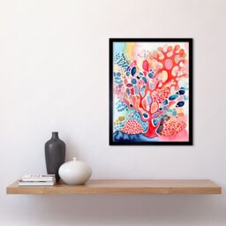 "Artery8 Wall Art Print Pink & Blue Coral Folk Art Watercolour Painting Art Framed in Black - Size: W12"" x H16""" - thumbnail 2