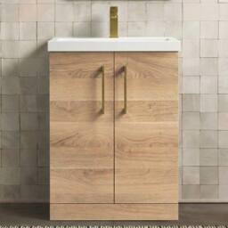 Balterley Contemporary Bathroom Floor 2-Door Vanity & Basin, Bleached Oak, 600mm in Brown - thumbnail 5