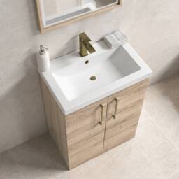 Balterley Contemporary Bathroom Floor 2-Door Vanity & Basin, Bleached Oak, 600mm in Brown - thumbnail 4