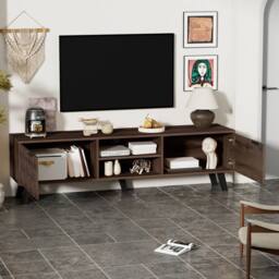 ModernLuxe Modern TV cabinet with 2 doors, 2 open shelves & storage design in Walnut - thumbnail 3