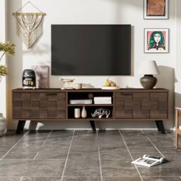ModernLuxe Modern TV cabinet with 2 doors, 2 open shelves & storage design in Walnut - thumbnail 1