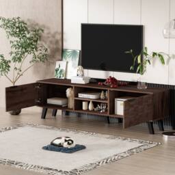 ModernLuxe Modern TV cabinet with 2 doors, 2 open shelves & storage design in Walnut - thumbnail 7