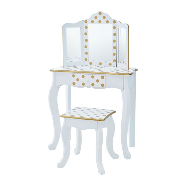 Teamson Kids Kids Wooden Play Vanity Table Set, Polka Dot, White/Gold in White - image 1