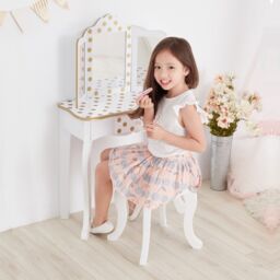 Teamson Kids Kids Wooden Play Vanity Table Set, Polka Dot, White/Gold in White - thumbnail 2