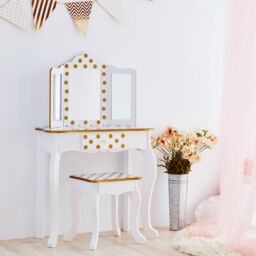 Teamson Kids Kids Wooden Play Vanity Table Set, Polka Dot, White/Gold in White - thumbnail 3