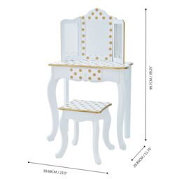 Teamson Kids Kids Wooden Play Vanity Table Set, Polka Dot, White/Gold in White - thumbnail 4