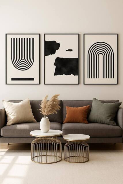 Mafett Contemporary Black Cream Wall Art Paper Print 3 Piece Set Framed - Size: A2