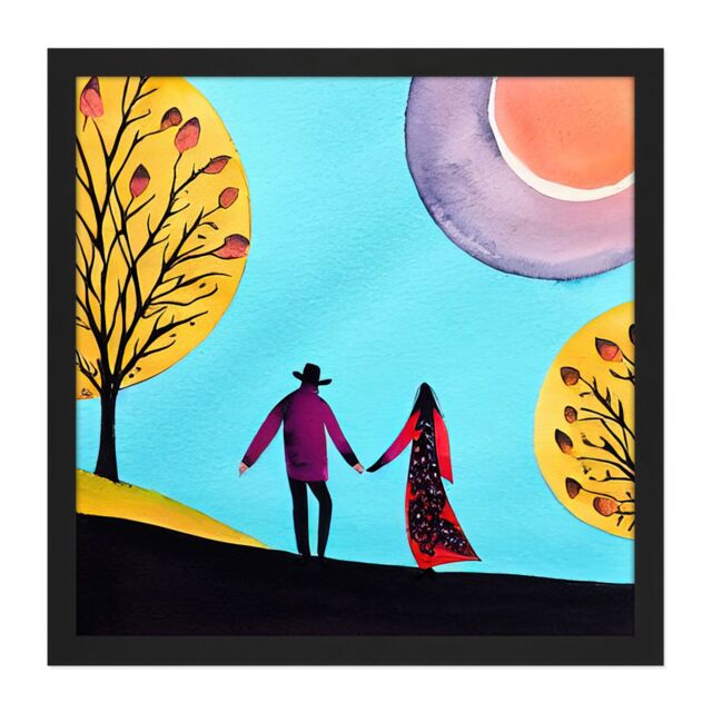 "Artery8 Wall Art Print Evening Walk In Autumn Fall Couple In Love Holding Hands. Square Framed Picture 16X16 Inch in Black - Size: W16"" x H16""" - image 1