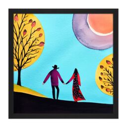 "Artery8 Wall Art Print Evening Walk In Autumn Fall Couple In Love Holding Hands. Square Framed Picture 16X16 Inch in Black - Size: W16"" x H16""" - thumbnail 1