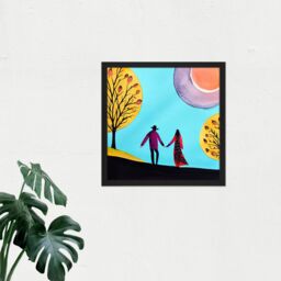 "Artery8 Wall Art Print Evening Walk In Autumn Fall Couple In Love Holding Hands. Square Framed Picture 16X16 Inch in Black - Size: W16"" x H16""" - thumbnail 2