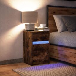 Berkfield Home Bedside Cabinet with LED Lights Smoked Oak Engineered Wood in Brown - thumbnail 5