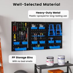 Costway Pegboard Wall Organizer 9-Bin Parts Rack Organizer w/ Hammer Racks in Blue - thumbnail 4