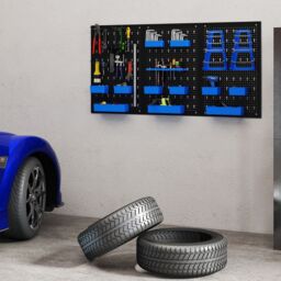 Costway Pegboard Wall Organizer 9-Bin Parts Rack Organizer w/ Hammer Racks in Blue - thumbnail 3