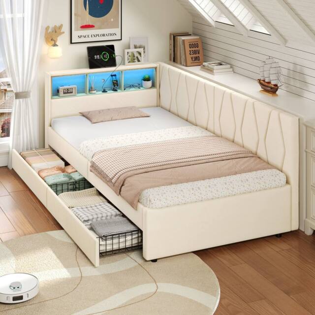 BTM Single Daybed with Storage Drawers, LED & Charging Station in Beige - image 1
