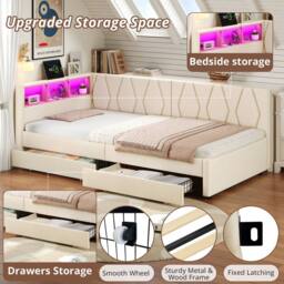 BTM Single Daybed with Storage Drawers, LED & Charging Station in Beige - thumbnail 9