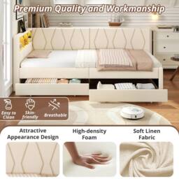 BTM Single Daybed with Storage Drawers, LED & Charging Station in Beige - thumbnail 6