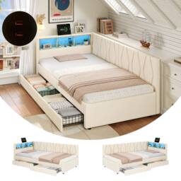 BTM Single Daybed with Storage Drawers, LED & Charging Station in Beige - thumbnail 5