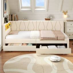 BTM Single Daybed with Storage Drawers, LED & Charging Station in Beige - thumbnail 4