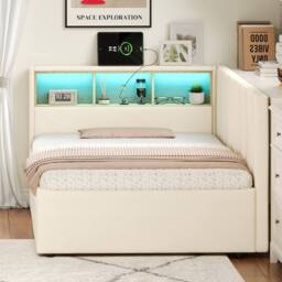BTM Single Daybed with Storage Drawers, LED & Charging Station in Beige - thumbnail 2