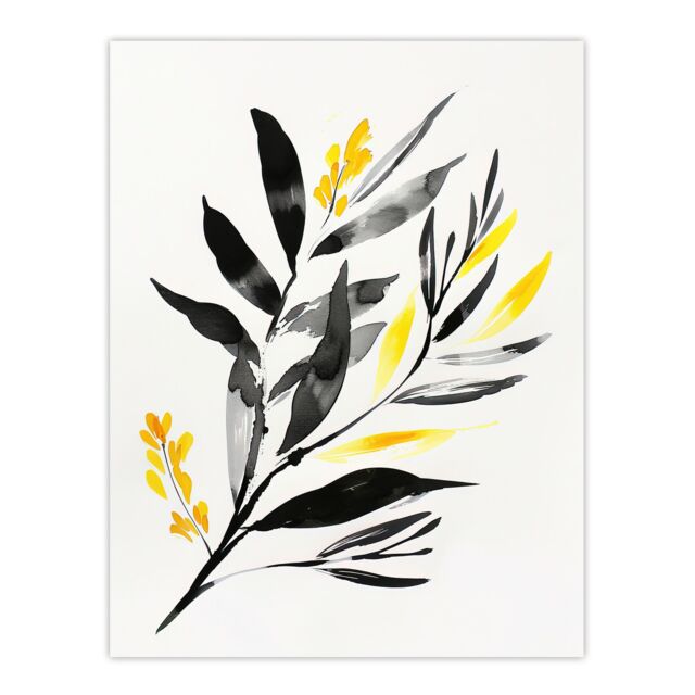 "Artery8 Abstract Plant Lover Frond Black Yellow Botanical Wall Art Print - Size: W18"" x H24""" - image 1