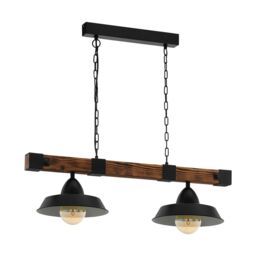 Loops Hanging Ceiling Pendant Light Black & Rustic Wood 2 Bulb Kitchen Island Dining - thumbnail 1