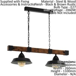 Loops Hanging Ceiling Pendant Light Black & Rustic Wood 2 Bulb Kitchen Island Dining - thumbnail 2