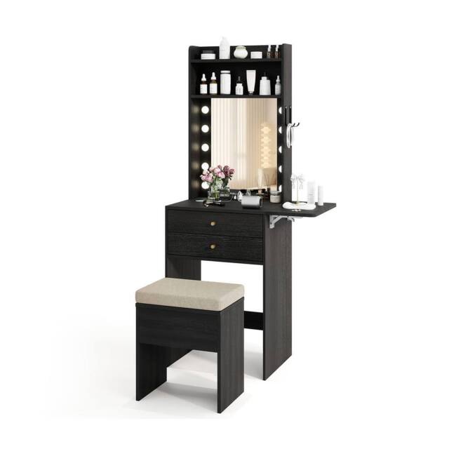 Gymax Small Makeup Vanity Desk Dressing Table Set With Lights Storage Stool in Black - image 1