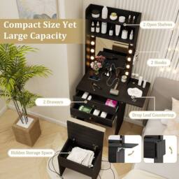 Gymax Small Makeup Vanity Desk Dressing Table Set With Lights Storage Stool in Black - thumbnail 9