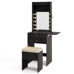 Gymax Small Makeup Vanity Desk Dressing Table Set With Lights Storage Stool in Black - thumbnail 2