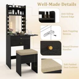 Gymax Small Makeup Vanity Desk Dressing Table Set With Lights Storage Stool in Black - thumbnail 6