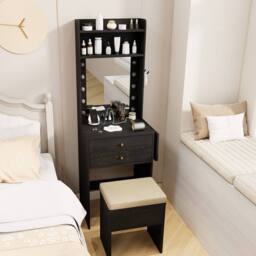 Gymax Small Makeup Vanity Desk Dressing Table Set With Lights Storage Stool in Black - thumbnail 5