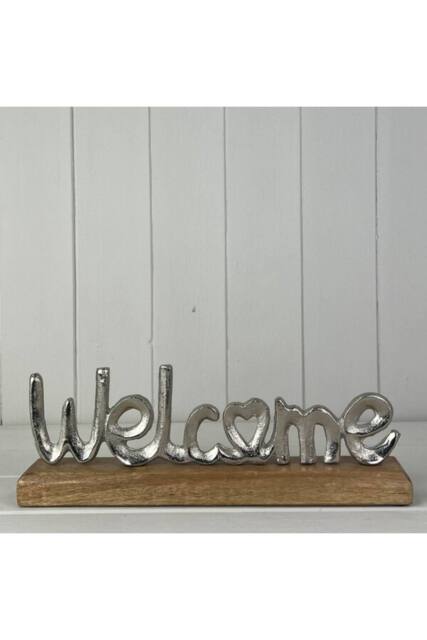 KDMD Metal Welcome on Wooden Base in Silver - image 1
