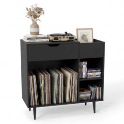 Gymax Turntable Record Player Stand Vinyl Cabinet With Built-In Power Strip in Black - thumbnail 1